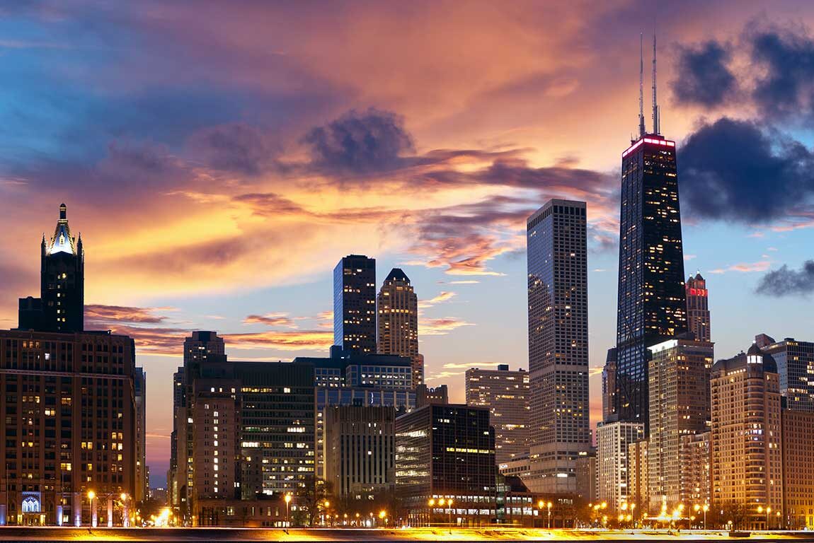 Chicago skyline at sunset